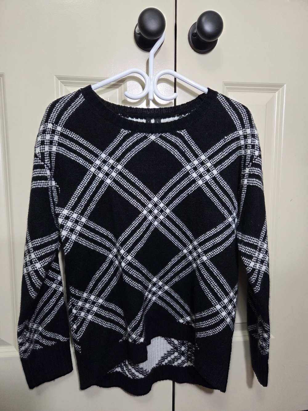 Pinc Black and White Plaid Crewneck Sweater